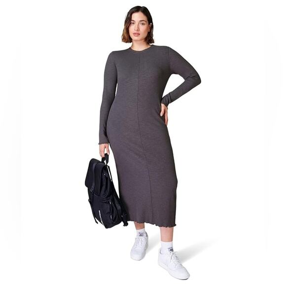 Sweaty Betty Ribbed Long Sleeve Midi Dress Small Grey NEW - Picture 1 of 11